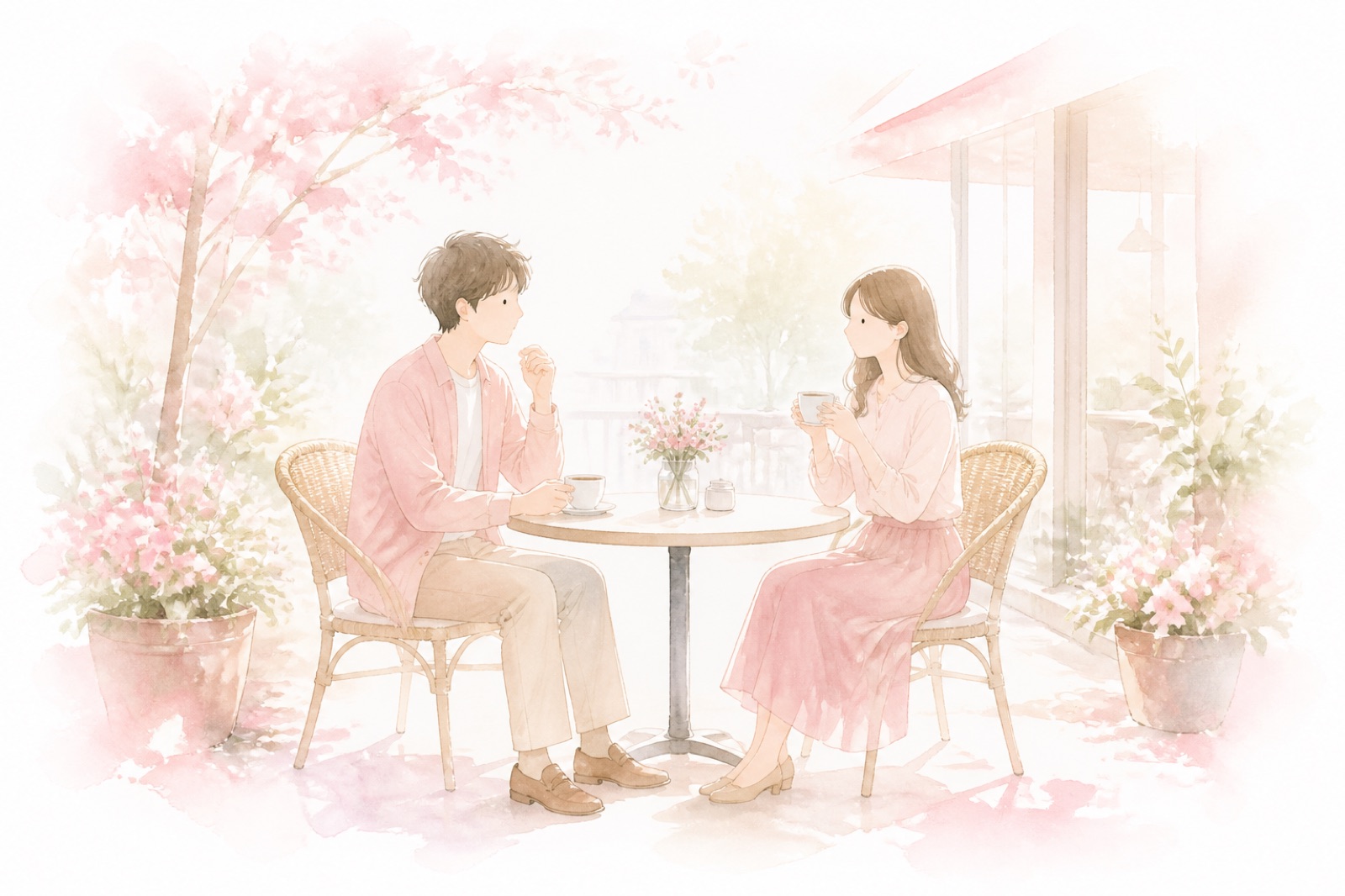 カフェのテラスでコーヒーを飲みながら談笑する男女の水彩イラスト